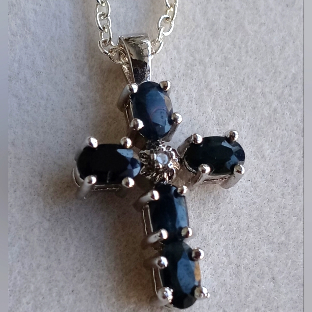 Sapphire and Diamond Accent Cross Pendant with Chain
